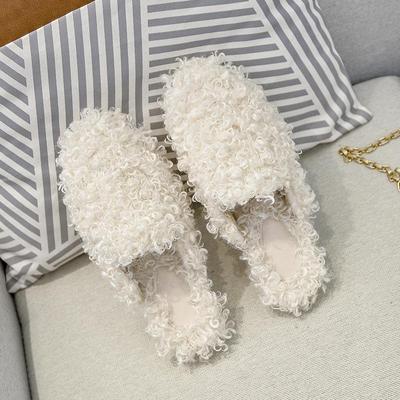Fashion Black/white Curly Fur New Slippers Women Flat Heel Round Toe Lambwool Slides Home Shoes Woman Lazy Furry Slippers Big Size 41-44