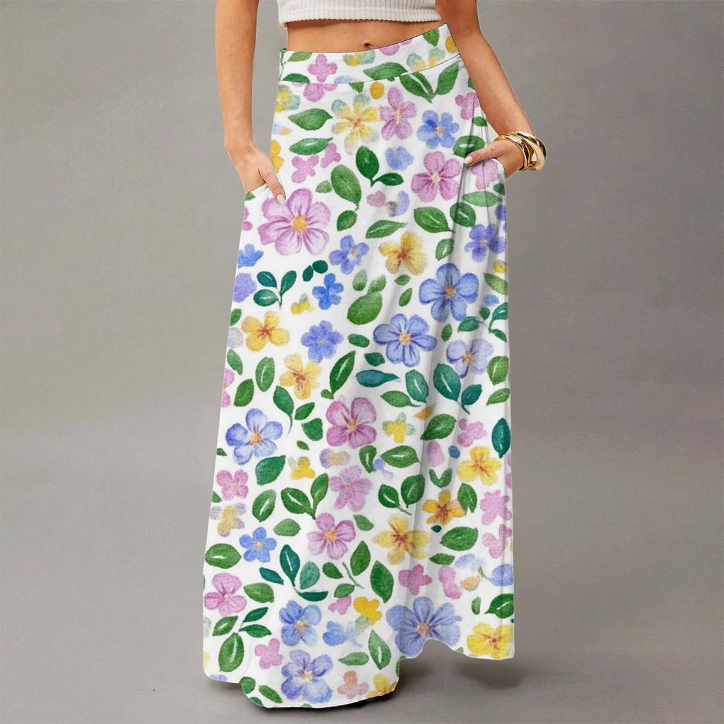 Damen Lässig Freizeit Faltbar Blumenmuster Hohe Taille Mit Tasche Drapierter Entspannter Langer Maxi-Rock