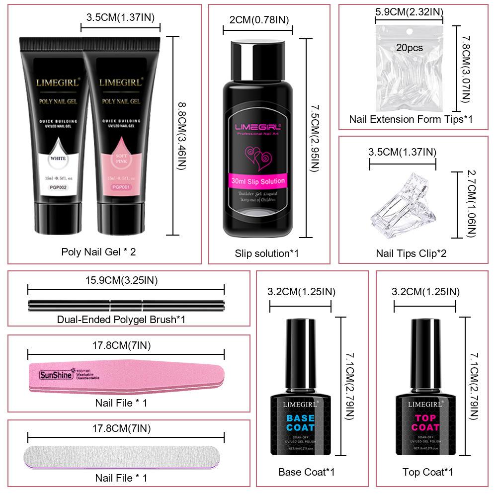 11Pcs Nail Extension Gel Kit - Clear/Nude Polygel Resin for Nail Extension, Acrylic Liquid, U-Shape Nail Forms, Brush, Nail Art Tool Set