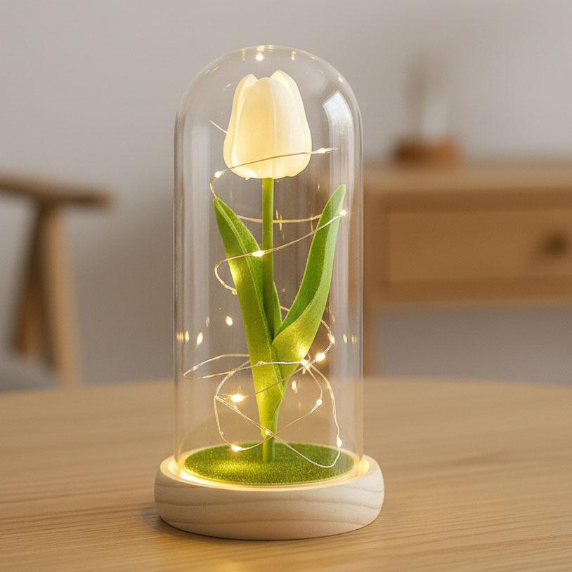Simulation Tulip Immortal Flower Mother's Day Teachers' Day Gift Glass Cover with Light Valentine's Day Birthday Gift