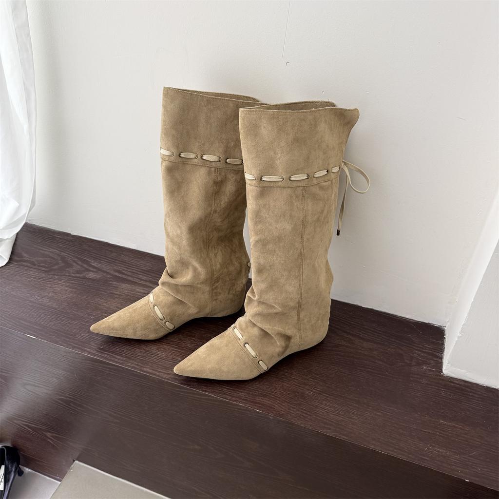 Inner Height Increase Pointed Suede Pile Long Boots Women's Shoes 2025 New Autumn and Winter Thin Medium Tube Knight Boots