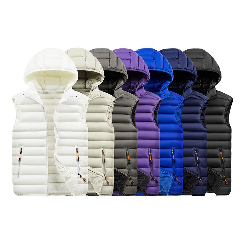 Hooded Down Cotton Vest Men's Winter Solid Color Sleeveless Lightweight Warm Ribs Clothing Cotton Vest Thick Vest Jacket