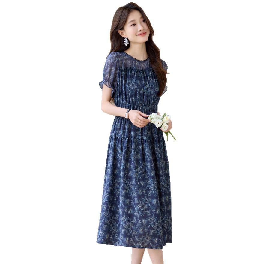Light ripe floral dress women's new middle-aged high-waisted waist thin medium and long skirt