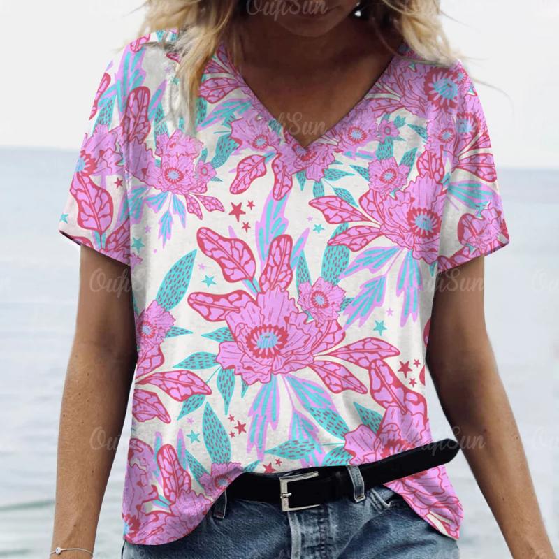 2024 Sommer Damen Floral T-Shirt Mode Tops Tees Weiblich Täglich Lässig V-Ausschnitt Kurzarm Kleidung Damen Stilvolle Streetwear