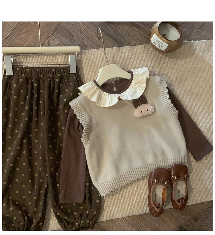 2025 Autumn Girls' Korean Long-Sleeve Knit Vest & Polka Dot Pants Set