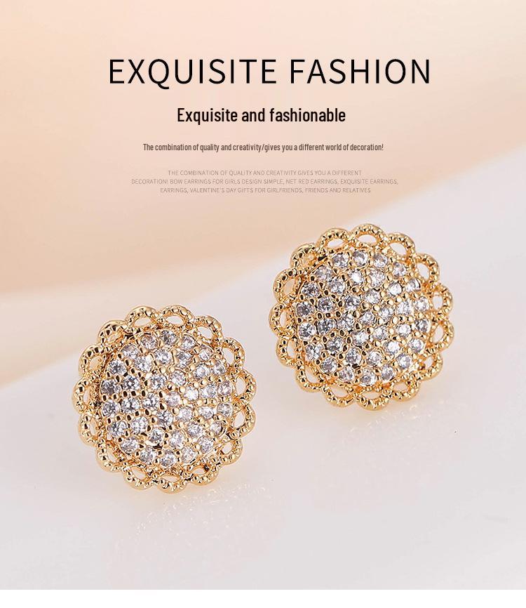 Sunflower Diamond Stud Earrings with Lace Metal and Copper Needle - Women's Elegant Niche Jewelry