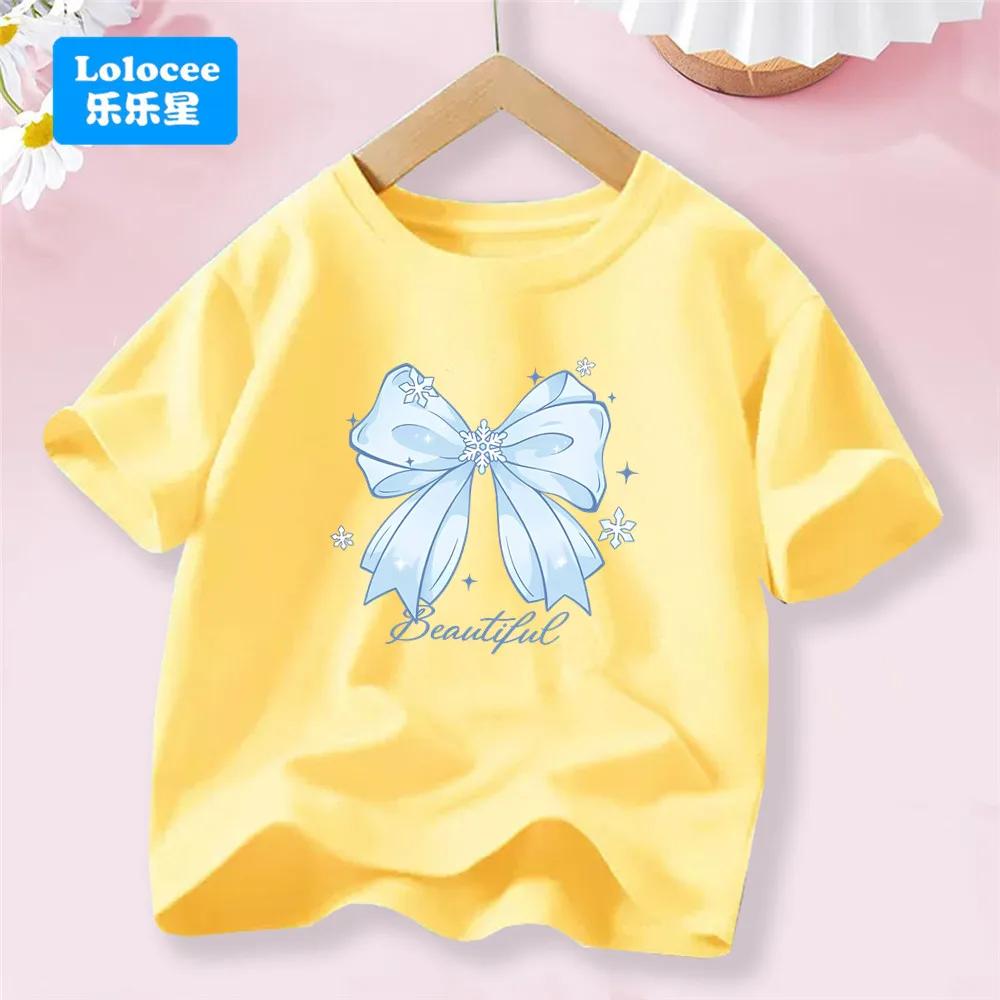 Girls' New Summer Korean Style Short Sleeve T-shirt Trendy Cute Bowknot Tee for Girls, Sweet Top for Toddlers and Young Girls