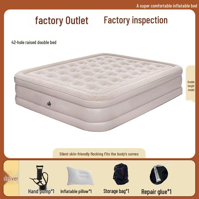 Beige Double Inflatable Camping Mattress: Portable, Thickened, and Foldable for Outdoor or Lunch Break Use.