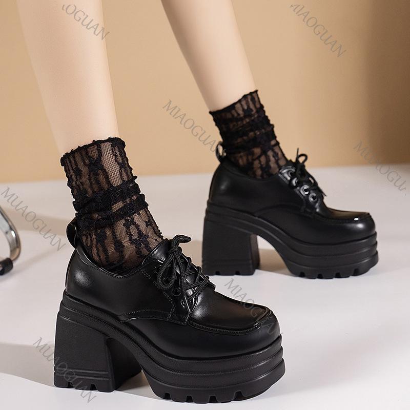 Fashion Gothic Chunky High Heels Loafers for Woman New Leather Platform Female Solid Color Heeled Lolita Shoes Lace Up Heels for Women