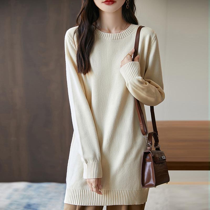 

2026 A/W Women s Thick Knit Pure Cotton Dress - Long Sleeve, Solid Color, Round Neck, Loose Mid-Length Skirt XL