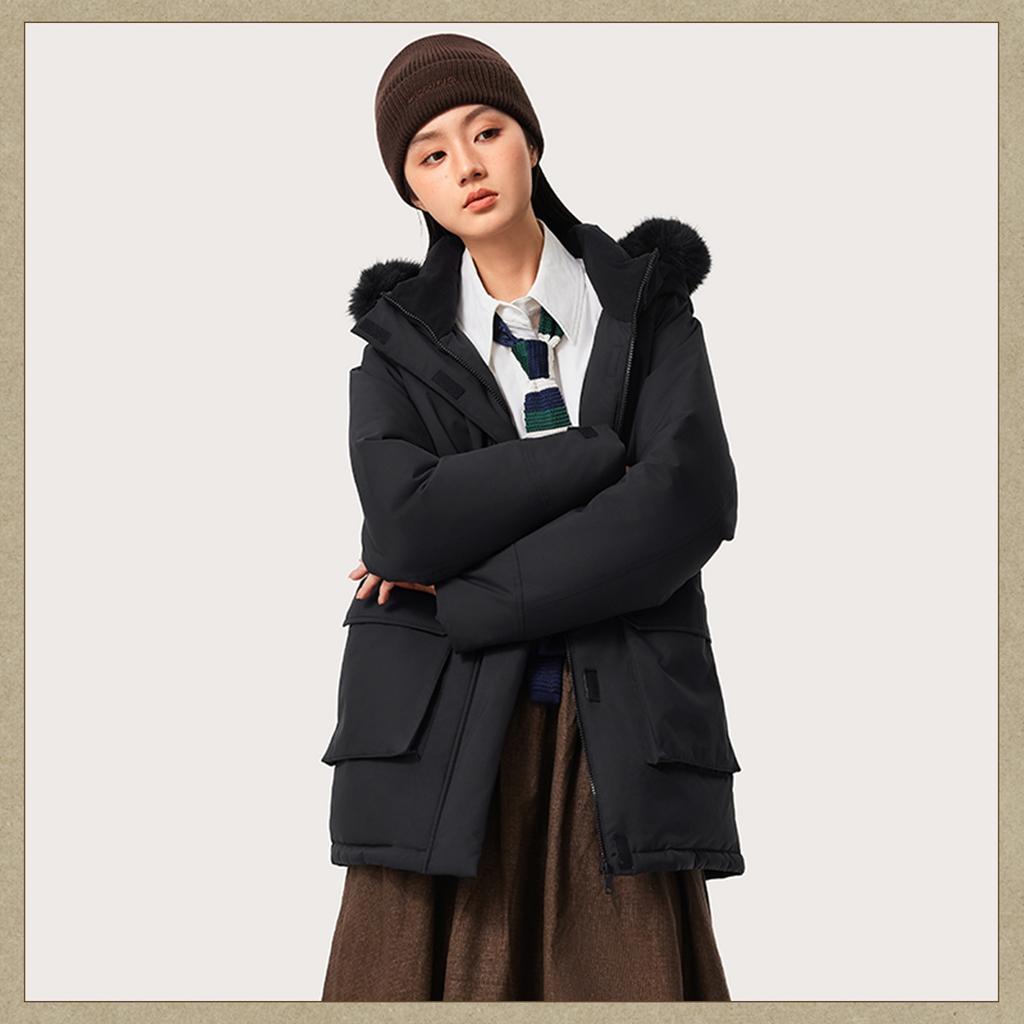 Li Ning Solid Color Hooded Mid-Length Zipper Long Sleeve Down Jacket Women Outerwear Black AYMU190-3