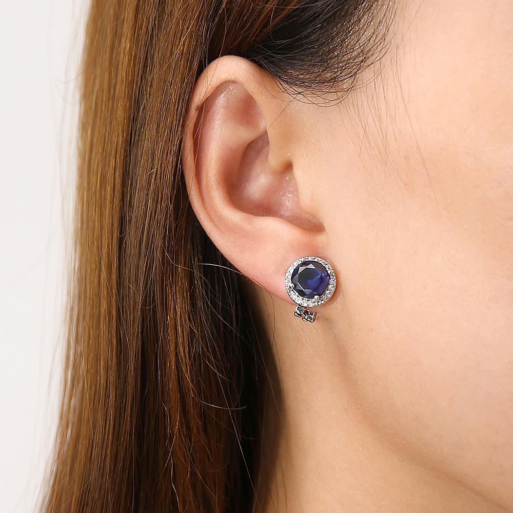 Classic Sparkling Sapphire Copper Ear Buckle, Diamond Set Round Versatile Earrings