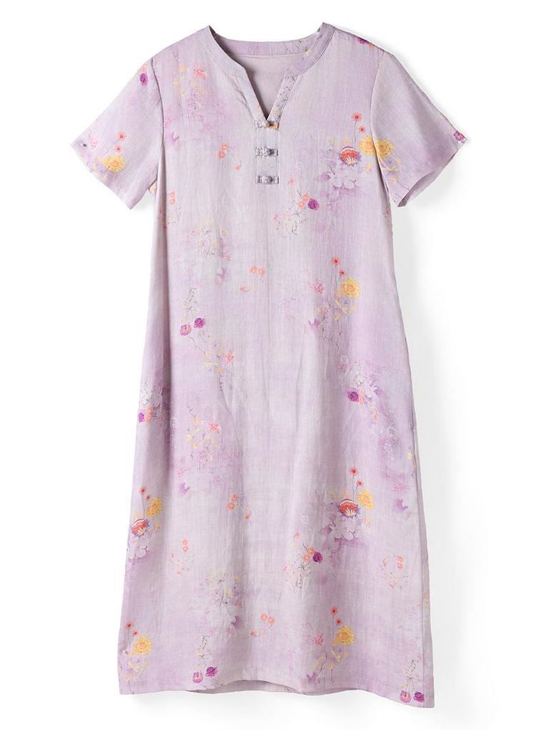 Retro Artistic Ramie Print Qipao Dress – V-neck, Short Sleeve, Mid-Length, Chinese Style for Summer