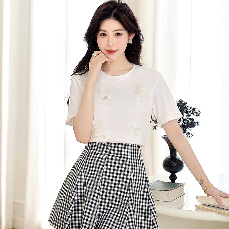 Women s French Floral Embroidered Beaded Short-Sleeve T-Shirt - Summer 2026 Loose Fit Top Small белый