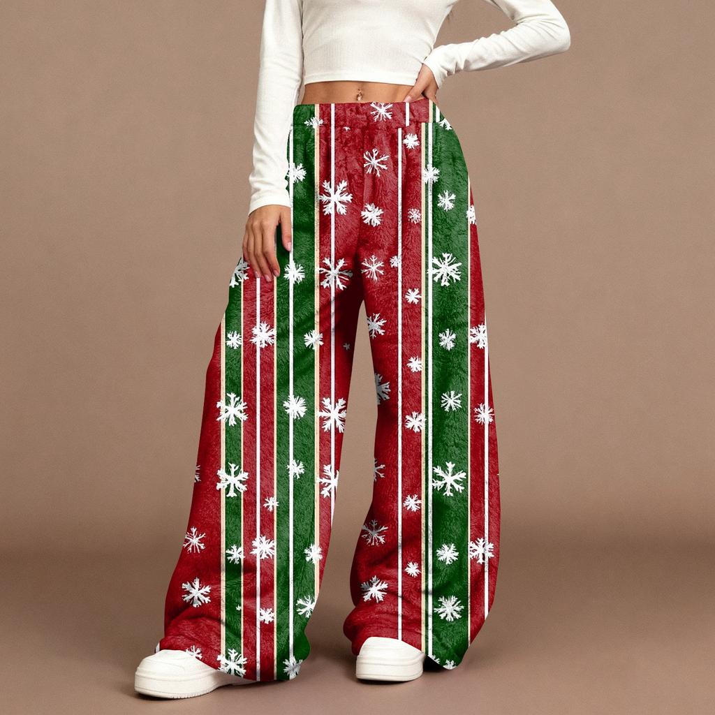 Women's Casual Fashion Christmas Print Elastic Waist Loose Plush Wide Leg Pants