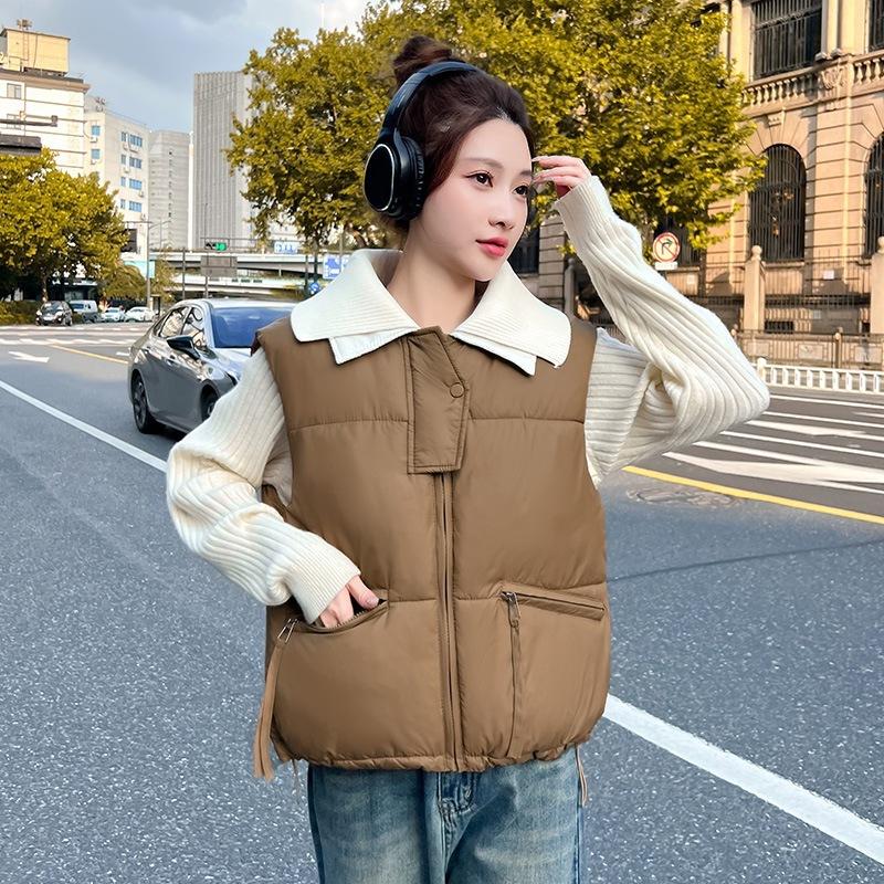 Stickad krage dun bomullsväst dam höst och vinter kort lös bomullsväst bomullsjacka väst ståkrage väst ute