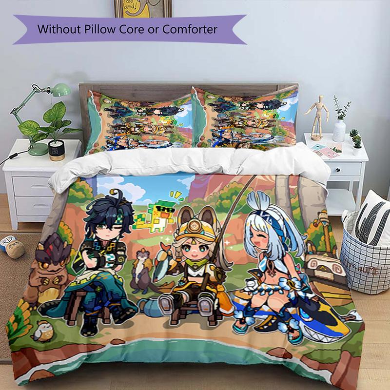 3pcs Genshin Impact characters9 pattern bedding set duvet cover set includes duvet cover &pillowcases, perfect all season bedroom decoration & gift