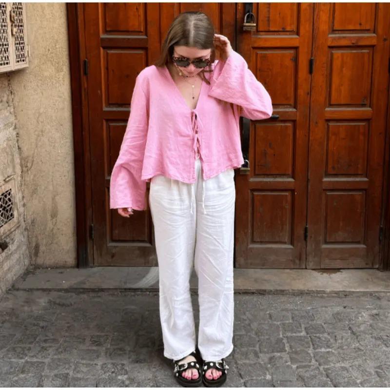 

Зеленый лен, длинные рукава на шнуровке, женская рубашка, повседневный и свободный крой, рубашка с v-образным вырезом, женский топ S