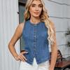 Women's Round Neck Sleeveless Vest Slim Fit Street Style Denim Top Button Front Sleeveless Blouse