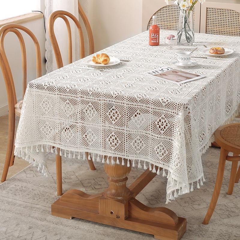 Cotton Weave Tablecloth,With Tassel Rectangle Hollow Lace Table Cloths for Kitchen Party Holiday Christmas Dining Table Decor
