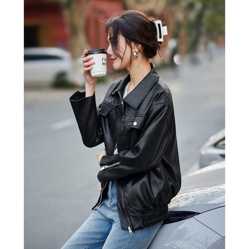 TERRE BLEUE Women's Short PU Leather Biker Jacket