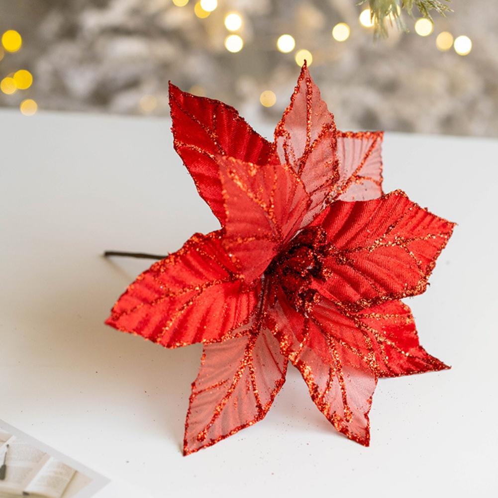Christmas Poinsettia Ornaments 25 Cm Fauxs Cloth Flowers Set Of 6 Glitter Petals For Tree Wreath Garland Centerpiece