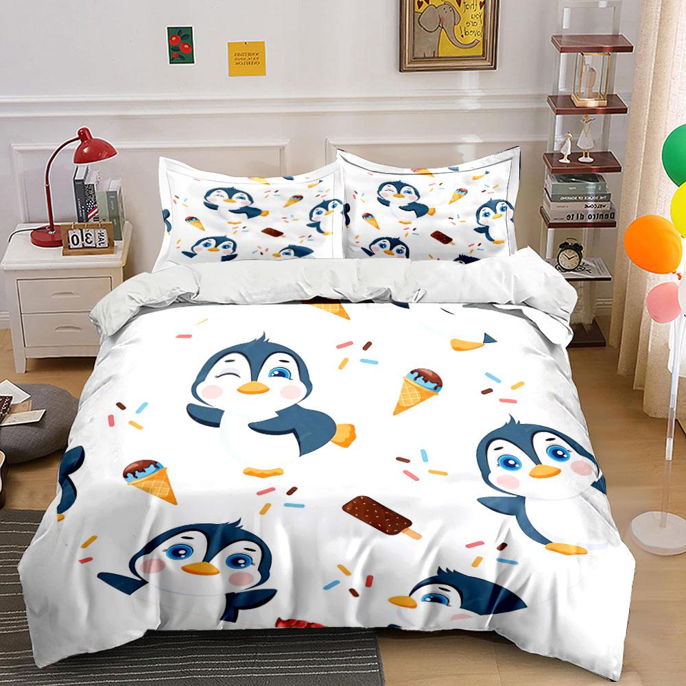 Penguin Ice Cream Theme Decor Soft Skin-Friendly Bedding Set Includes 1 Duvet Cover And 2 Pillowcase Gift