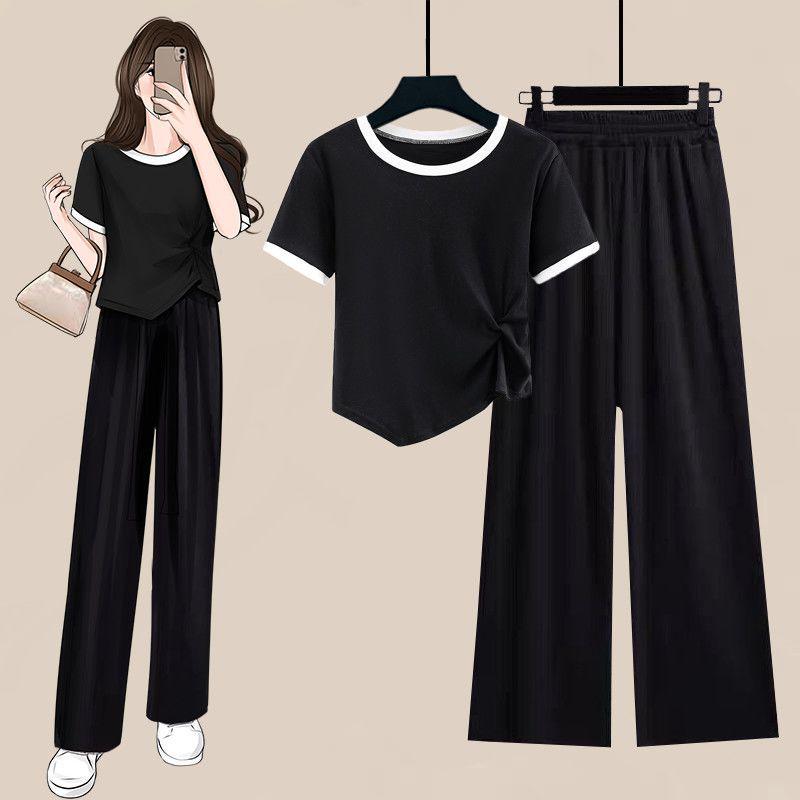 Set T-shirt a Blocchi di Colore Coreana e Pantaloni a Gamba Larga