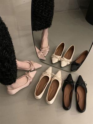 Autumn and Winter New Commuter Ladyshoes Shallow Mouth Pointed Bow Late Evening Wind Versatile Single Shoes Women's Doudou Shoes