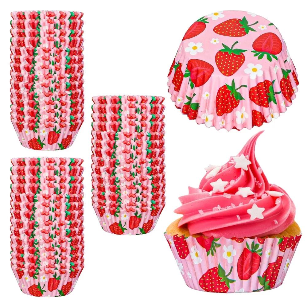 300PCS Pink Strawberry Cupcake Liners Summer Fruit Theme Standard Birthday Cupcake Liners Paper Cups Strawberry Cup Baby Shower