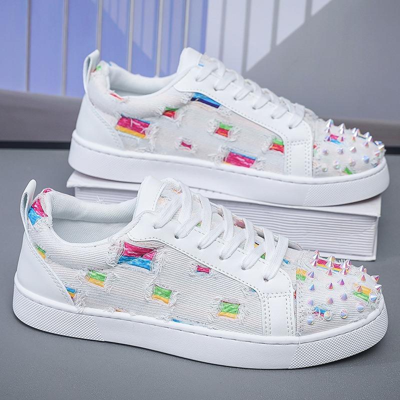 

Повсякденне взуття чоловіче Панк Клепки Кросівки Мода Барвисті Прошиті Китиці Полотняне взуття Чоловіче Нековзні Балетки На шнурівці Взуття для скейтборду 44 білий