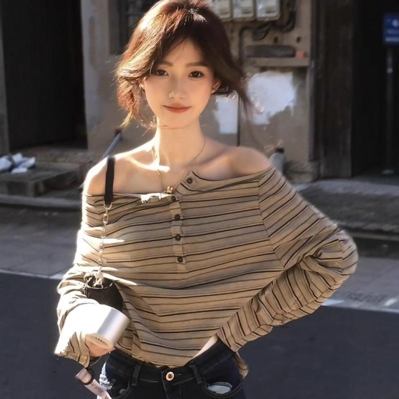 Summer New Style Striped Off-shoulder Long-sleeved Loose Design One-shoulder Tops for Hot Girls