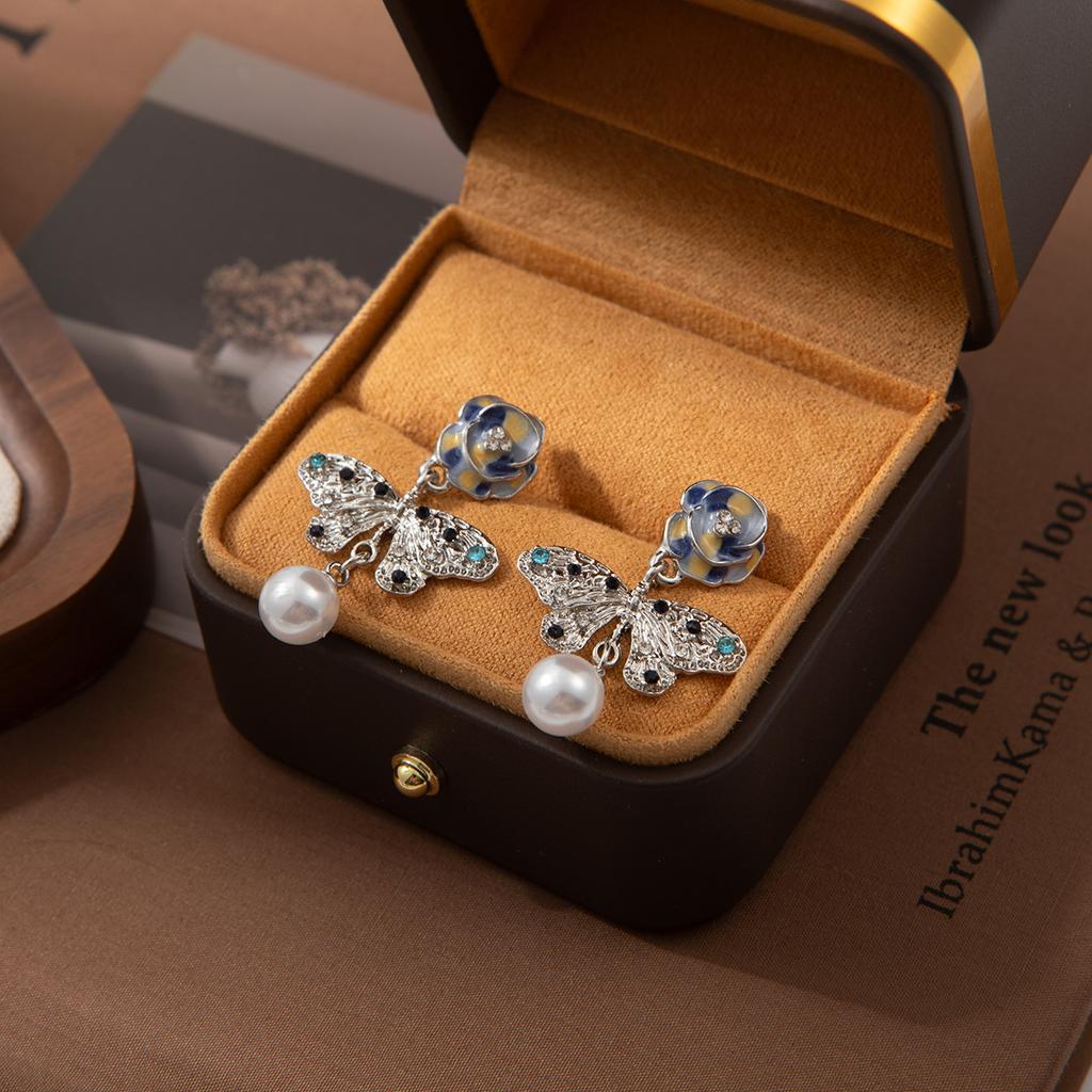 Premium Color Flower Diamond Butterfly Tassel Pearl Earrings Super Fairy Gentle Sweet Fairy Wind Earrings