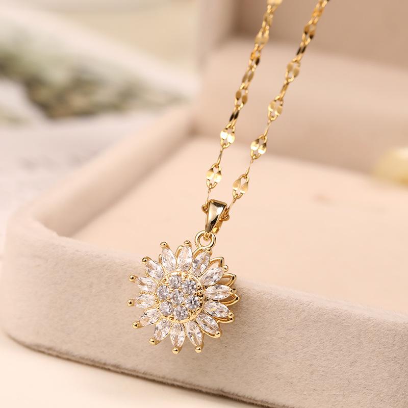 Double-layer Rotatable Sunflower Necklaces For Women Chain Choker Stainless Steel Jewelry Accessories KTJ