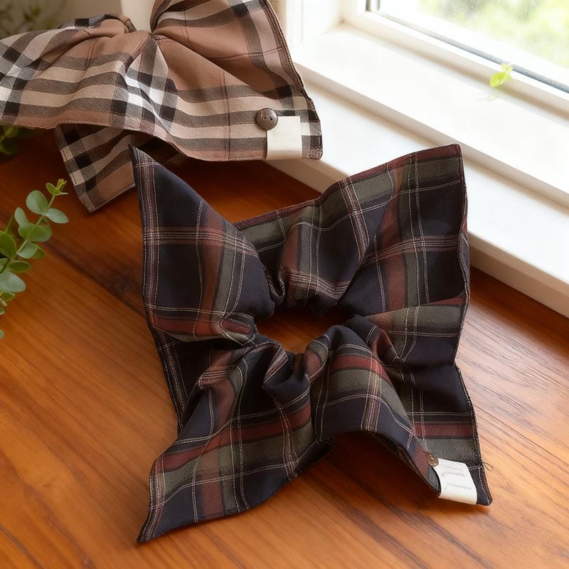 British College Plaid Hair Tie Scarf - Versatile Buttoned Square Fabric for Low Ponytail