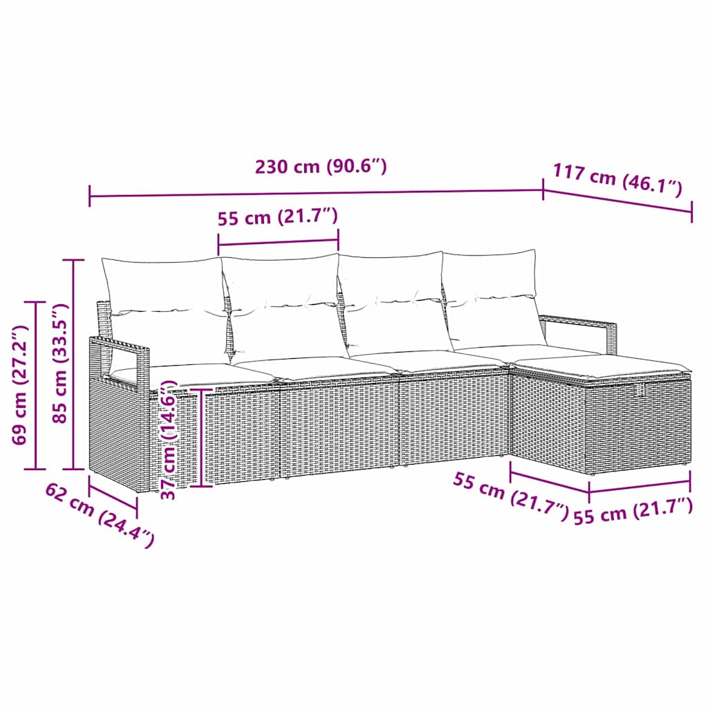 5 Piece Sofa Set with Cushions Black and Cream Poly Rattan
