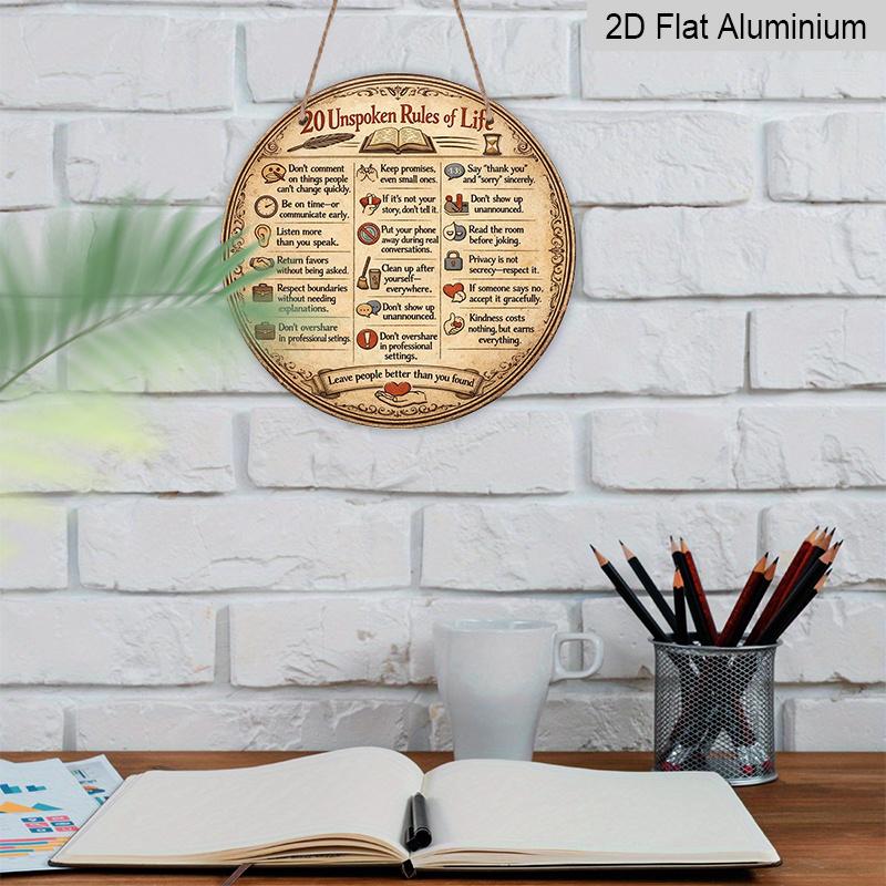 2D Flat, 1pc Round Aluminum Hanging Sign, Vintage Plaque about "20 Unwritten Rules of Life", Inspirational Quotes Wisdom Sayings Life Principles