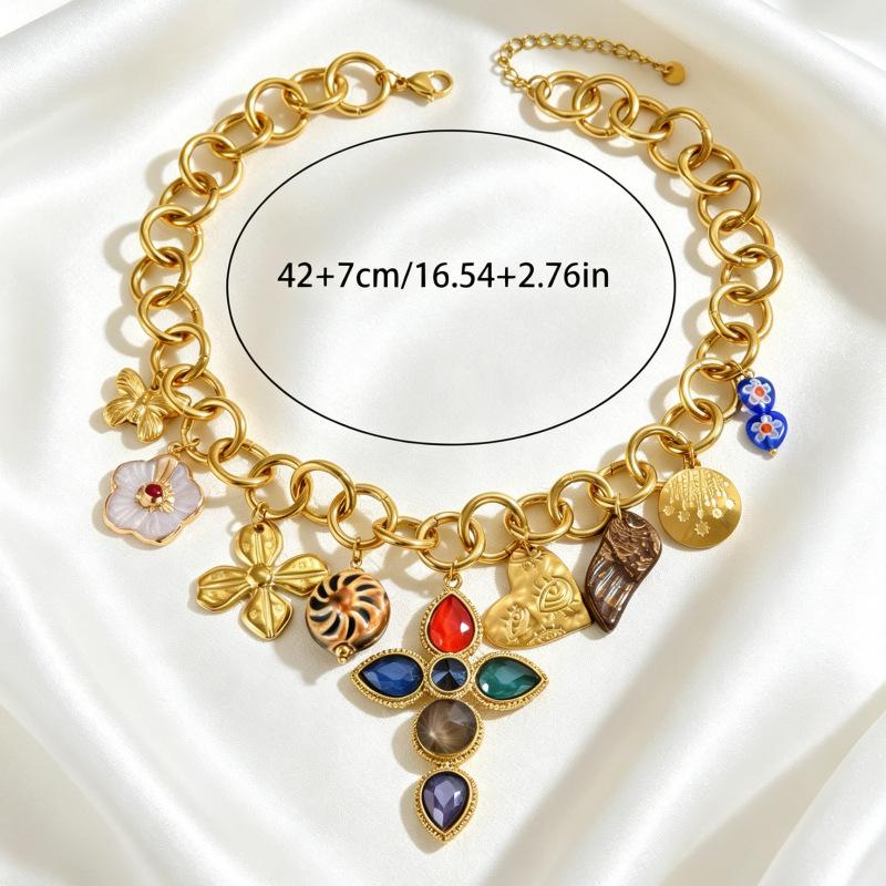 Vintage Personality Flower Love Cross Pendant Necklace Pearl Coral Thick Chain Collarbone Chain Female