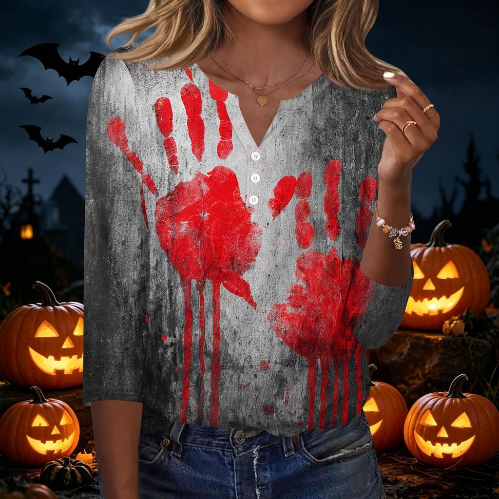 Women's Casual Halloween Print V Neck Button Front Three Quarter Sleeve T Shirt Top Lightweight Comfortable Fit for Everyday Wear