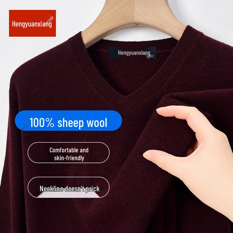 Hengyuanxiang Men's 100% Pure Wool Pullover, Round Neck, Thickened Winter Sweater for Middle-Aged Dads.