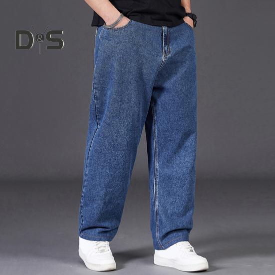 Men Jeans High Waist Solid Color Spliced Denim Pants with Pockets Straight Wide Leg Long Pants Daily Wear