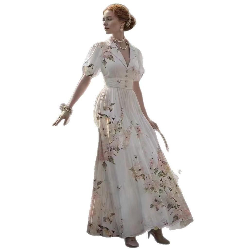 Women's V-Neck Floral Print Dress with Puff Sleeves and Button Detail