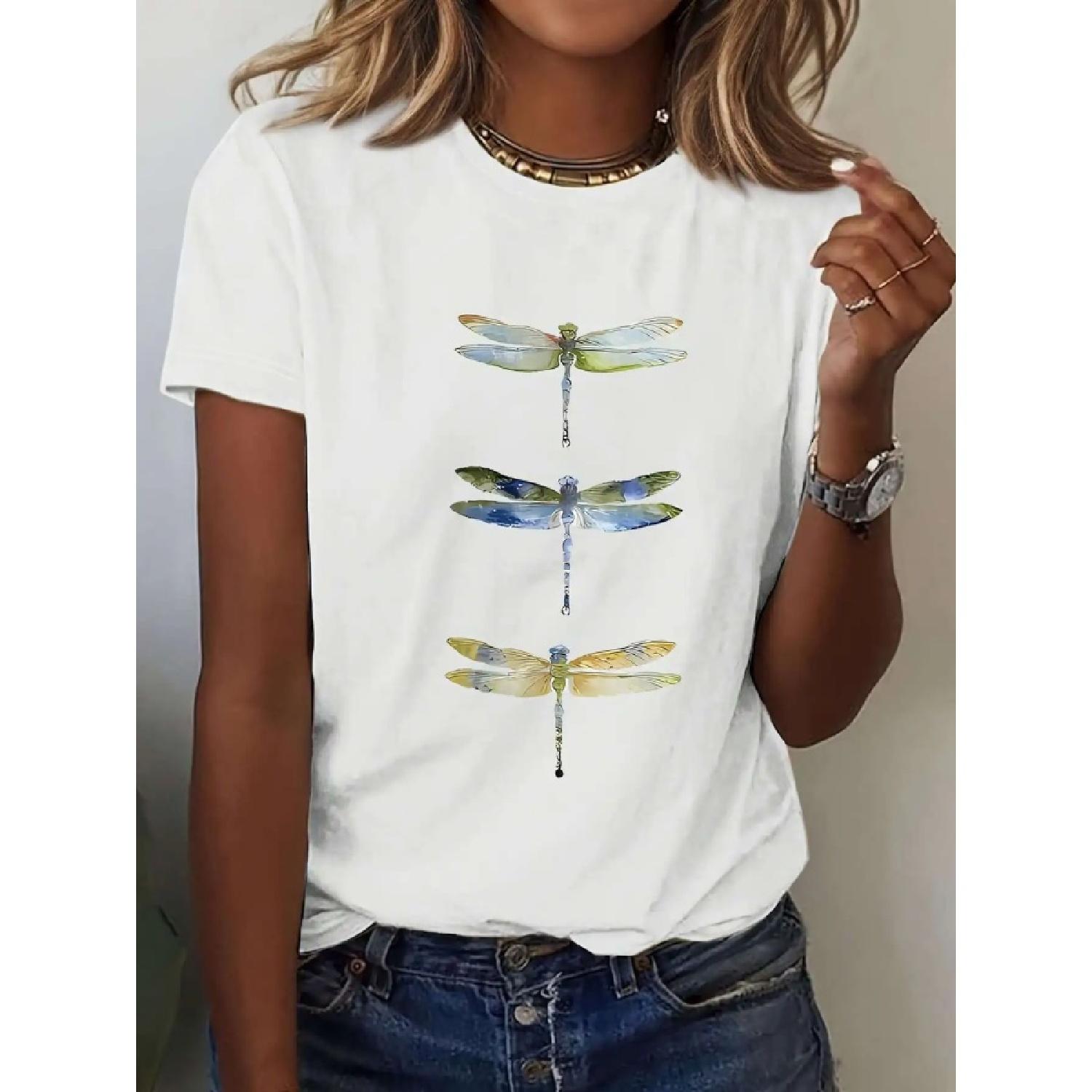 

Women s Breathable Dragonfly Graphic Print T-Shirt White Round Neck Short Sleeve Casual Tee Soft for Summer Clothing XXXXXL білий