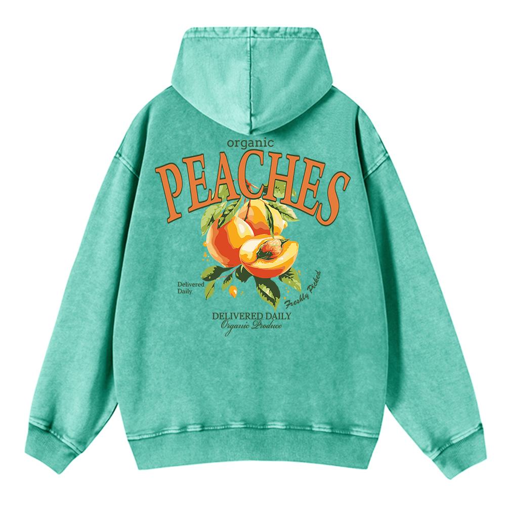 Cotton Woman Washed Hoodies Fresh Peaches Delivered Daily Printed Streetwear Oversize Pocket Warm Pullover Clothes