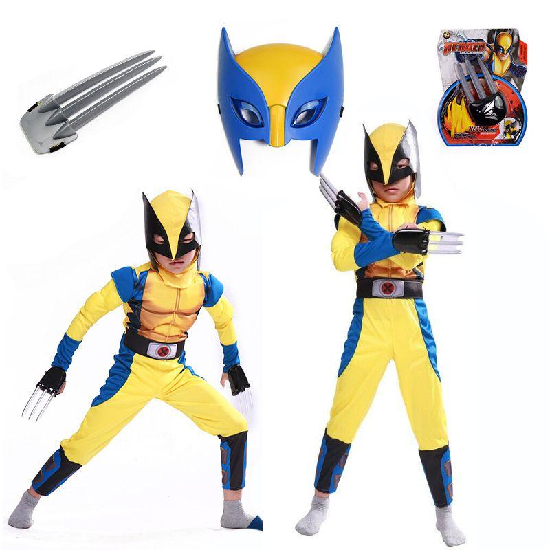 Exquisites blau-gelbes Wolverine-Muskelkostüm für Kinder und Erwachsene, ideal für Halloween-Partys