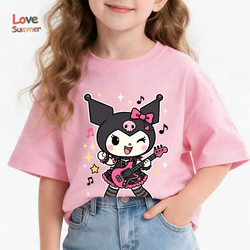 Kuromi T-Shirt Cute Cartoon Little Girls T-Shirt 4-14Yrs O Neck Short Sleeve Cat Print Casual Summer Top for Comfy