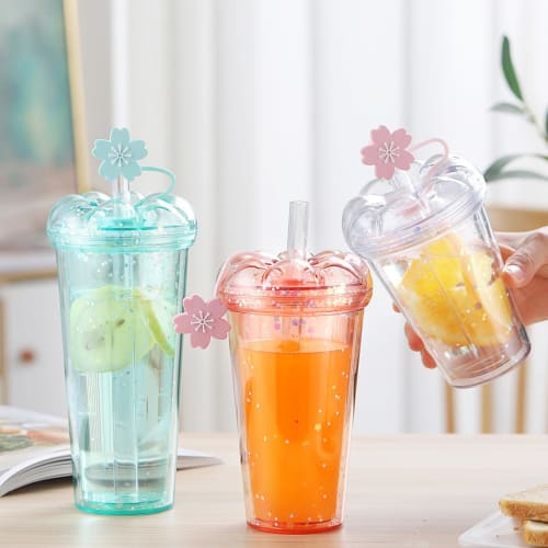 FLYILIA Tumbler with Straw, Plastic Straw Cup, Cherry Blossom Design, Double-Walled Water Bottle with Lid, Stylish Heat and Cold Resistant, Vacuum Ins