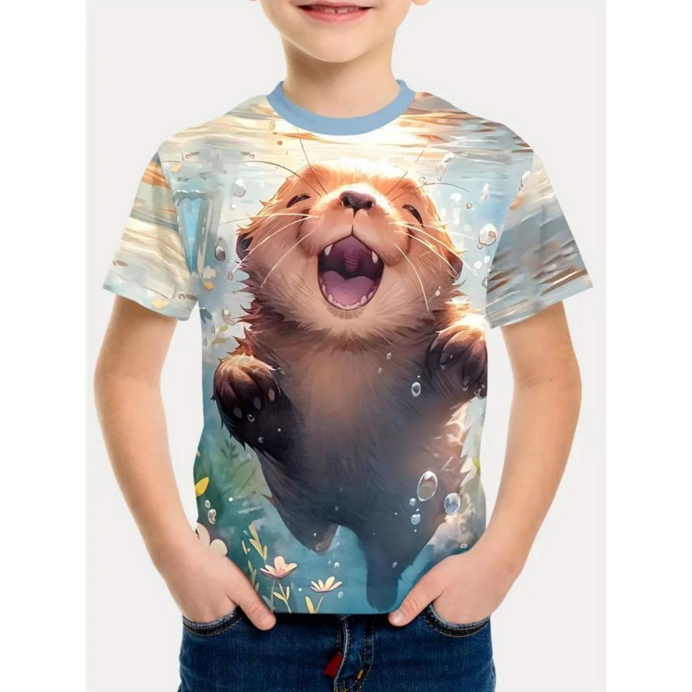 Adorable Capybara Boy Cartoon Print Short Sleeve T-Shirt for Boys, Loose-Fit Summer Top, Fashionable Kids' Clothing, Boys' Apparel