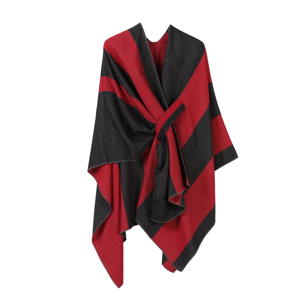 Women's European & American Double-Sided Solid Color Cape Shawl with Striped Edge