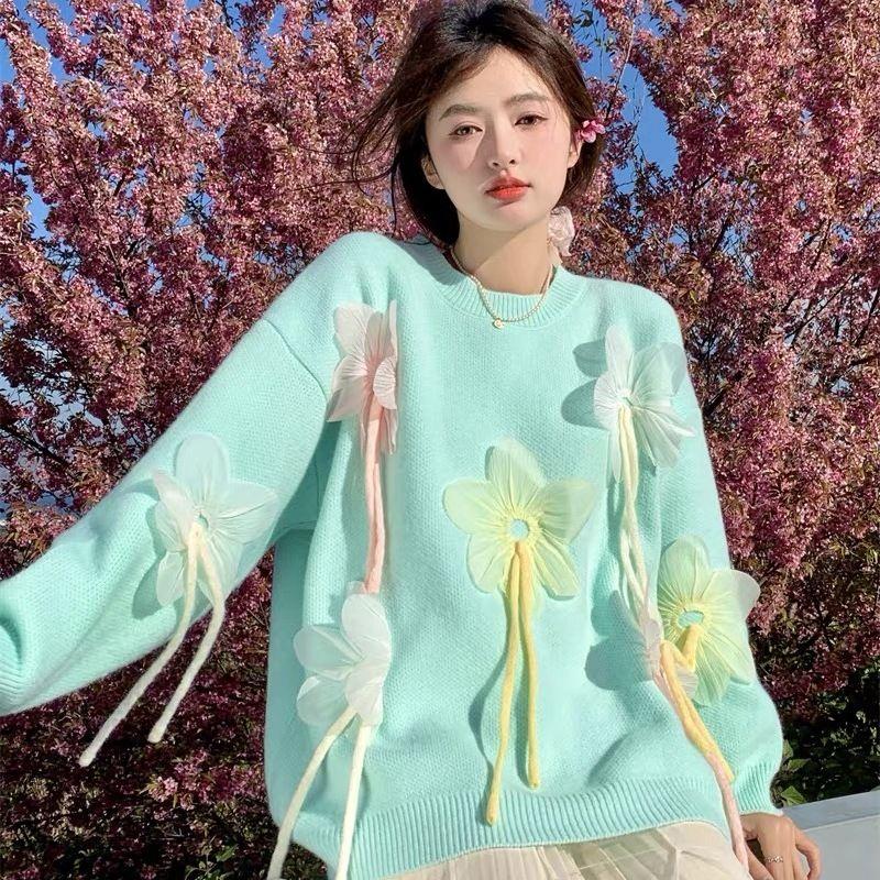 Women 3D Flower Solid Color Sweaters Sweet Woman Casual Round Neck Knitted Top Autumn Loose and Versatile Ladies Sweater